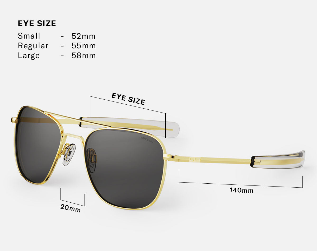 Fit guide diagram for Aviator sunglasses showing Eye Size options of Regular 55mm and Large 58mm, a bridge width of 20 mm, and a temple length of 140 mm.