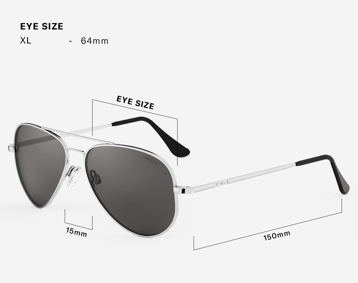 Fit guide diagram for Concorde sunglasses showing Eye Size options of XL 64mm, a bridge width of 15mm, and a temple length of 140mm.