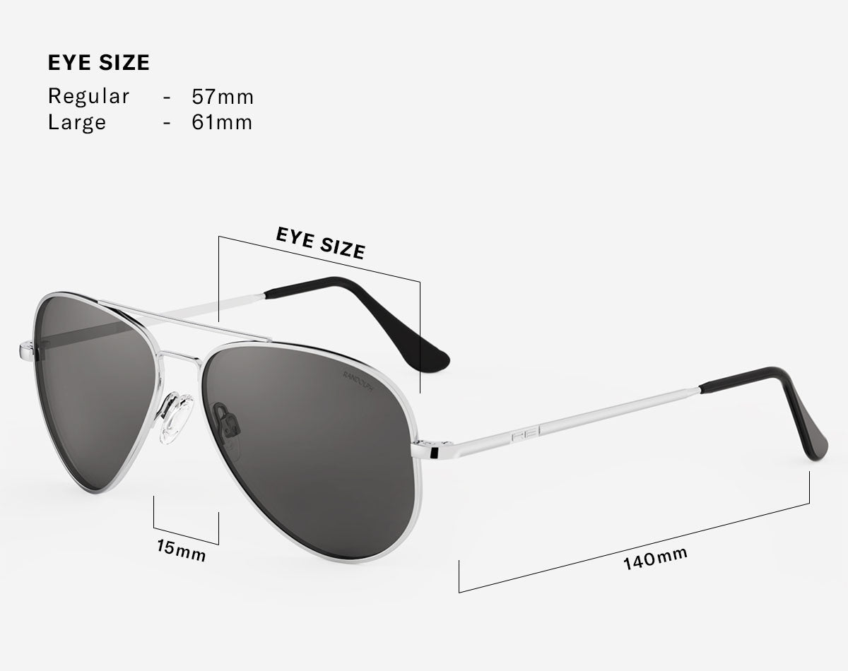 Fit guide diagram for Concorde sunglasses showing Eye Size options of Regular 57mm and Large 61mm, a bridge width of 15 mm, and a temple length of 140 mm.