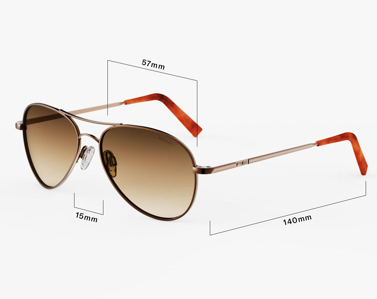 Fit guide diagram for Amelia sunglasses showing Eye Size options of Regular 57mm, a bridge width of 16mm, and a temple length of 140mm.